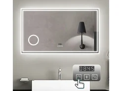 Espejo de baño con Led,140 x 80 cm, Luz led con tres colores,Con función antivaho,reloj digital, bluetooth y Lupa de aumento 3x.