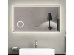 Espejo de baño con Led,140 x 80 cm, Luz led con tres colores,Con función antivaho,reloj digital, bluetooth y Lupa de aumento 3x.