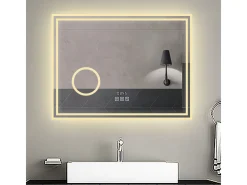 Espejo de baño con Led,80 x 60 cm, Luz led con tres colores,Con función antivaho,reloj digital, bluetooth y Lupa de aumento 3x.