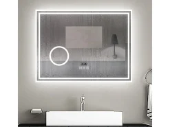 Espejo de baño con Led,80 x 60 cm, Luz led con tres colores,Con función antivaho,reloj digital, bluetooth y Lupa de aumento 3x.