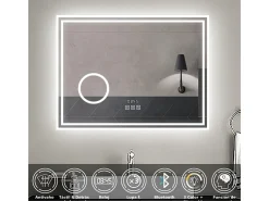 Espejo de baño con Led,80 x 60 cm, Luz led con tres colores,Con función antivaho,reloj digital, bluetooth y Lupa de aumento 3x.