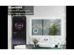 Espejo de baño con Led,80 x 60 cm, Luz led con tres colores,Con función antivaho,reloj digital, bluetooth y Lupa de aumento 3x.