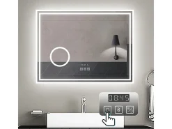 Espejo de baño con Led,80 x 60 cm, Luz led con tres colores,Con función antivaho,reloj digital, bluetooth y Lupa de aumento 3x.
