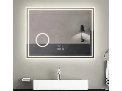 Espejo de baño con Led,80 x 60 cm, Luz led con tres colores,Con función antivaho,reloj digital, bluetooth y Lupa de aumento 3x.