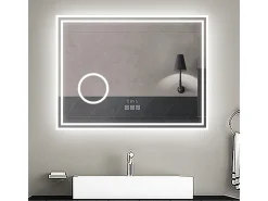 Espejo de baño con Led,80 x 60 cm, Luz led con tres colores,Con función antivaho,reloj digital, bluetooth y Lupa de aumento 3x.