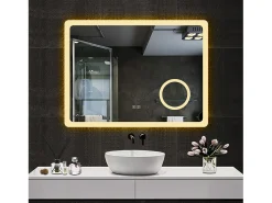 Espejo de baño con Led,80 x 60 cm, Luz led con tres colores,Con función antivaho, bluetooth y Lupa de aumento 3x.