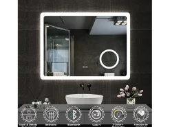 Espejo de baño con Led,80 x 60 cm, Luz led con tres colores,Con función antivaho, bluetooth y Lupa de aumento 3x.