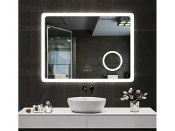 Espejo de baño con Led,80 x 60 cm, Luz led con tres colores,Con función antivaho,reloj digital, bluetooth y Lupa de aumento 3x.
