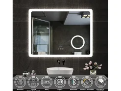 Espejo de baño con Led,80 x 60 cm, Luz led con tres colores,Con función antivaho,reloj digital, bluetooth y Lupa de aumento 3x.