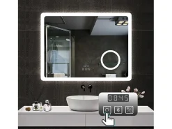 Espejo de baño con Led,80 x 60 cm, Luz led con tres colores,Con función antivaho,reloj digital, bluetooth y Lupa de aumento 3x.