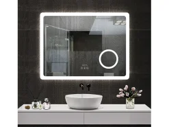 Espejo de baño con Led,80 x 60 cm, Luz led con tres colores,Con función antivaho,reloj digital, bluetooth y Lupa de aumento 3x.