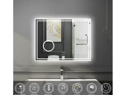 Espejo de baño con Led,80 x 60 cm, Luz led con tres colores,Con función antivaho, bluetooth y Lupa de aumento 3x.