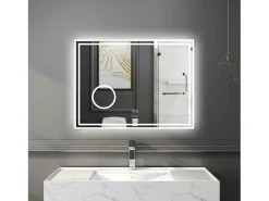 Espejo de baño con Led,80 x 60 cm, Luz led con tres colores,Con función antivaho, bluetooth y Lupa de aumento 3x.