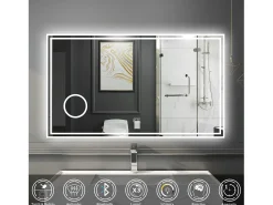 Espejo de baño con Led,120 x 70 cm, Luz led con tres colores,Con función antivaho, bluetooth y Lupa de aumento 3x.