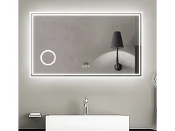 Espejo de baño con Led,120 x 70 cm, Luz led con tres colores,Con función antivaho,reloj digital, bluetooth y Lupa de aumento 3x.