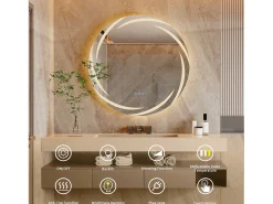 Espejo de baño de pared, espejo conectado LED, espejo antivaho iluminado, espejo de tocador con 3 pantallas táctiles, 80x80cm