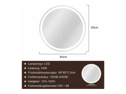 Espejo de baño iluminado NETTLIFE - Redondo 80 cm LED, IP44, interruptor táctil, antivaho, ajustable 3000K-6500K