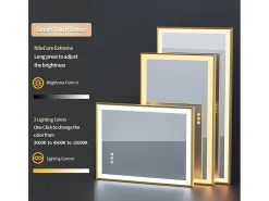 Espejo de baño LED rectangular 120x60cm espejo iluminado 3 colores ajustable con marco dorado 120x60x4cm
