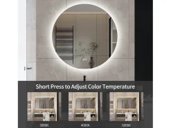 Espejo de baño LED redondo de 80 cm con iluminación, antivaho y 3 colores intercambiables.