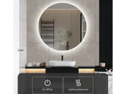 Espejo de baño LED redondo de 80 cm con iluminación, antivaho y 3 colores intercambiables.
