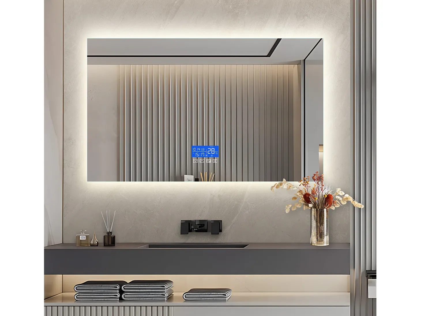 Espejo de baño LED 100x60 cm - Iluminación, Táctil, Antivaho, Reloj, Temperatura, Regulable