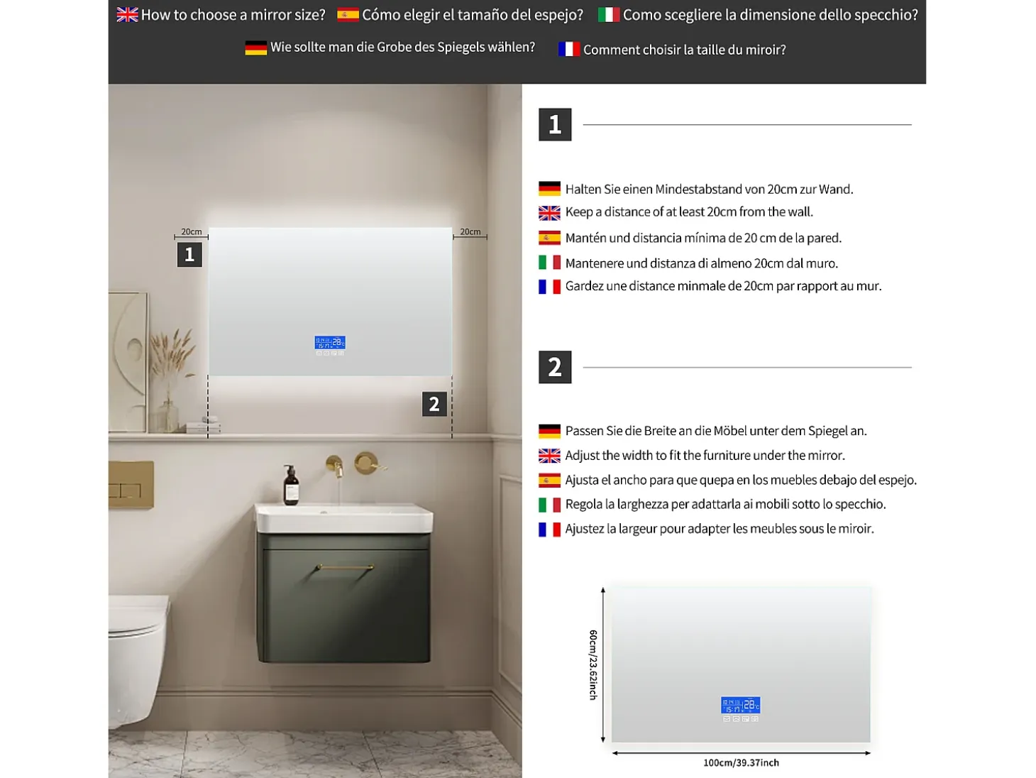 Espejo de baño LED 100x60 cm - Iluminación, Táctil, Antivaho, Reloj, Temperatura, Regulable
