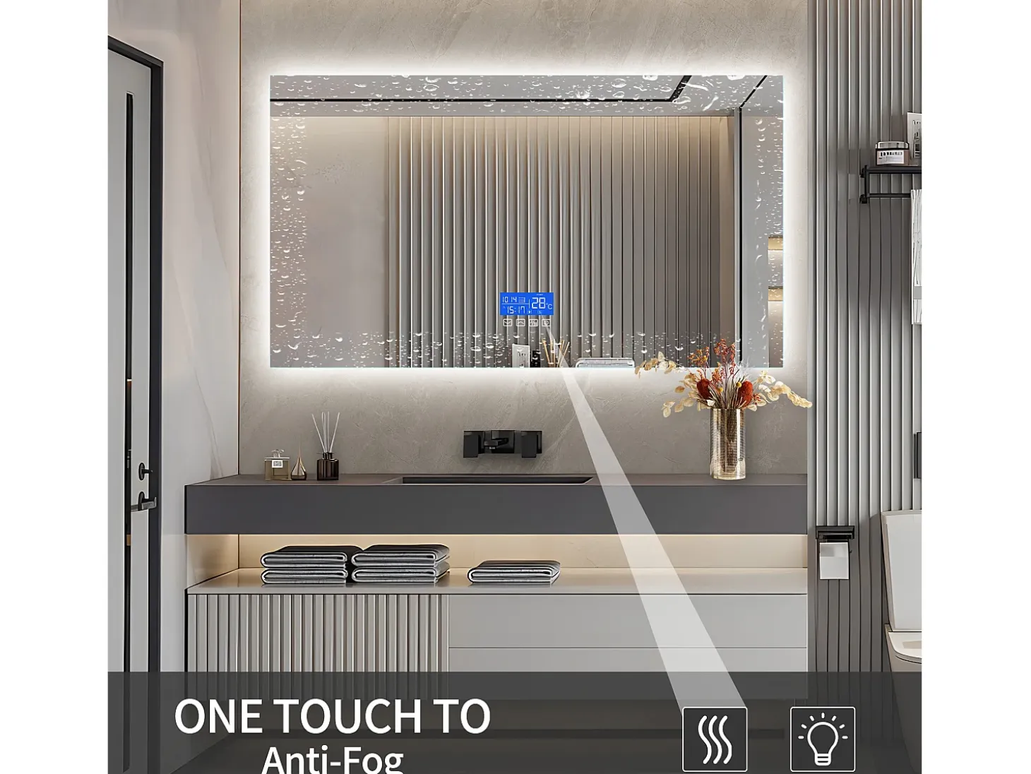 Espejo de baño LED 100x60 cm - Iluminación, Táctil, Antivaho, Reloj, Temperatura, Regulable