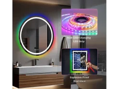 Espejo de baño 80x80cm RGB y LED regulable + antivaho + Bluetooth 5.2 + Reloj + 3 colores 4 botones