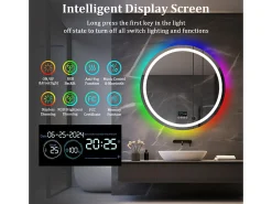 Espejo de baño 80x80cm RGB y LED regulable + antivaho + Bluetooth 5.2 + Reloj + 3 colores 4 botones