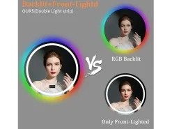 Espejo de baño 80x80cm RGB y LED regulable + antivaho + Bluetooth 5.2 + Reloj + 3 colores 4 botones
