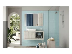 Espejo de diseño con almacenamiento, 110x75 cm, colección ISORA, color blanco efecto madera