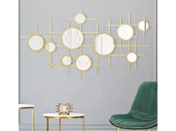 Espejo de pared geométrico dorado con múltiples espejos redondos 117x61cm Gloxy