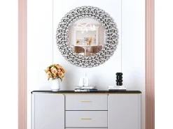 Espejo de pared redondo decorativo con detalles de cristal, marco de MDF y vidrio, plateado (86 x 2,8 x 86 cm)