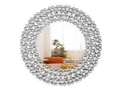 Espejo de pared redondo decorativo con detalles de cristal, marco de MDF y vidrio, plateado (86 x 2,8 x 86 cm)
