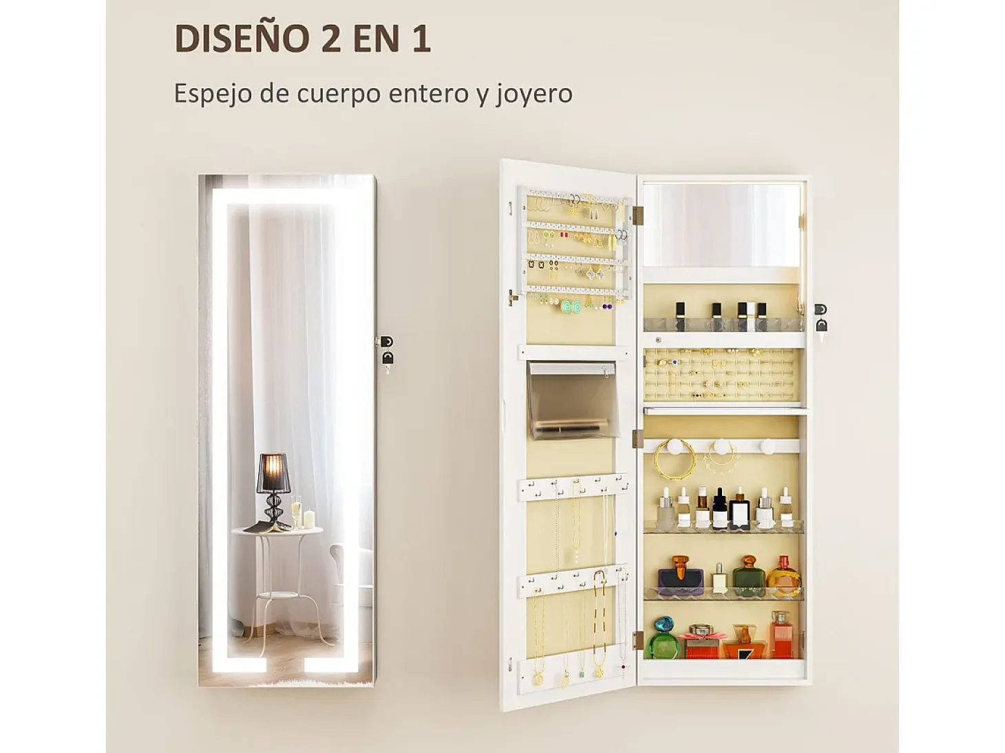 Espejo joyero Selene Homcom con luz LED blanco 118x44x16 cm