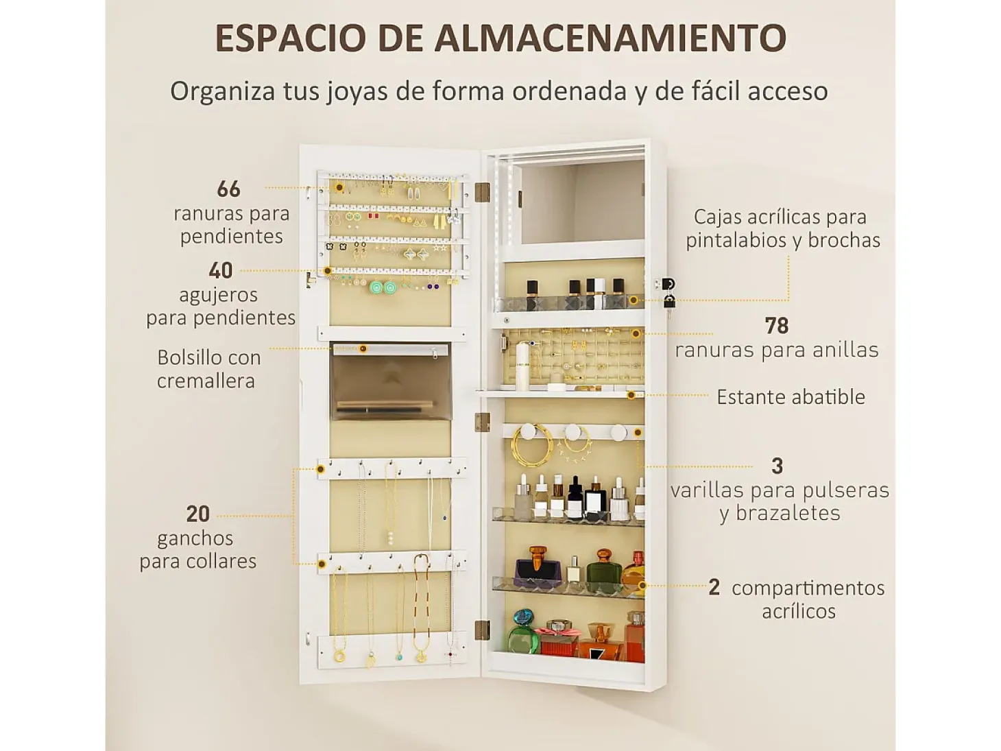 Espejo joyero Selene Homcom con luz LED blanco 118x44x16 cm