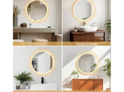 Espejo NETTLIFE para baño, espejo de baño con iluminación, redondo, 50 cm, espejo de baño LED de pared con toque