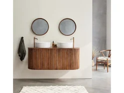 Espejo redondo de madera de mindi maciza con acabado nogal Ø50 cm