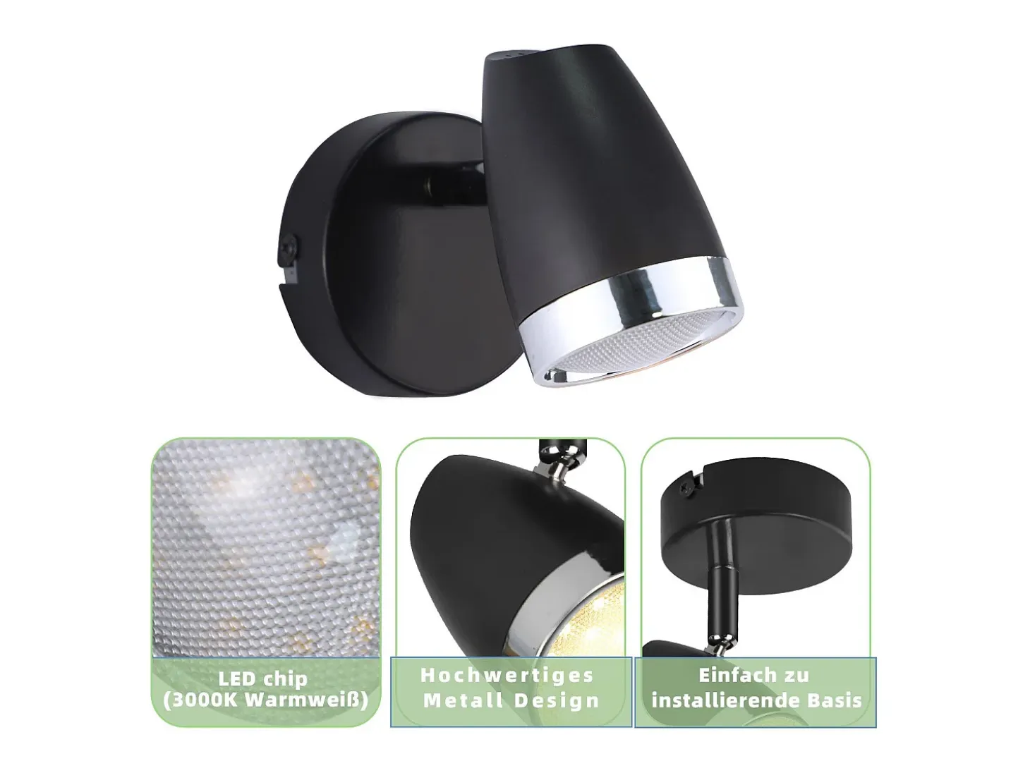 Foco de techo LED NETTLIFE, 1 bombilla moderna, 4 W, negro, blanco cálido, 3000 K, ajustable 350°