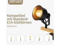 Foco de techo NETTLIFE de 2 llamas orientable a 350° con casquillo E14 vintage, diseño de alta calidad en madera veteada