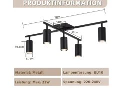 Foco de techo NETTLIFE negro, lámpara de techo GU10 de 5 luces, lámpara moderna para sala de estar, cocina y dormitorio
