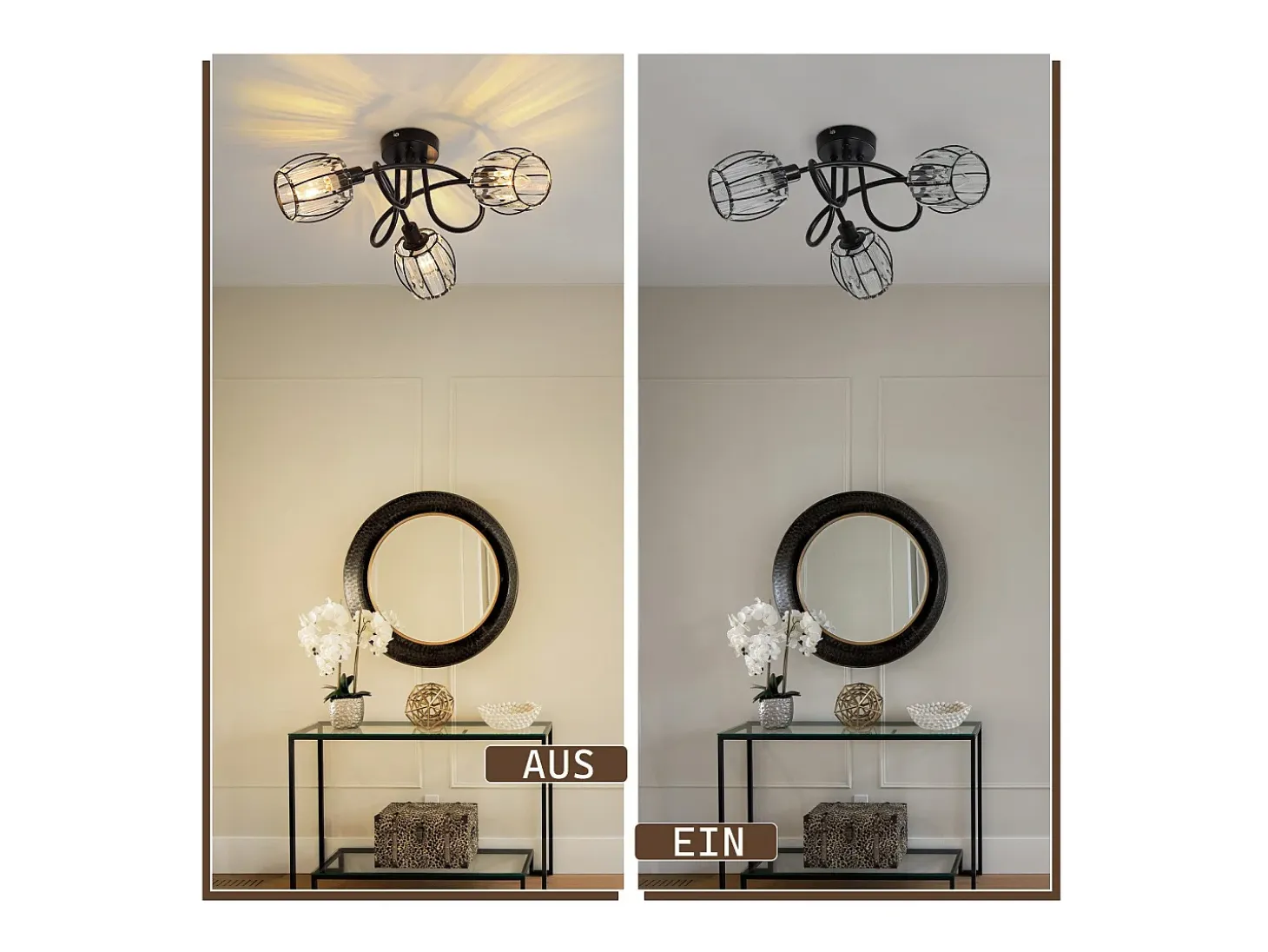 Foco de techo vintage de cristal negro de 3 luces E14 para pasillo, giratorio 350°, estilo industrial