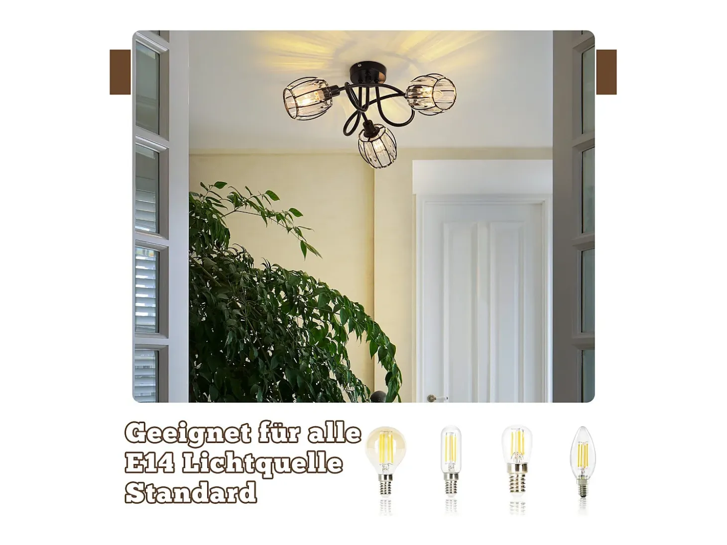 Foco de techo vintage de cristal negro de 3 luces E14 para pasillo, giratorio 350°, estilo industrial