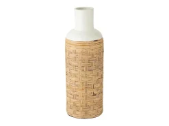Jarrón de cerámica en tejido blanco y ratán natural 25x25x75 cm