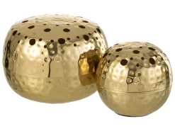 Jarrón redondo con agujeros de metal dorado 15x15x9 cm
