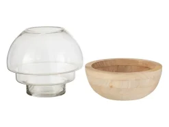 Jarrón redondo en base de madera con vidrio natural de 25x25x22.5 cm