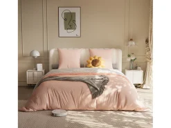 Juego de cama de 3 piezas, incluye 2 fundas de almohada (80 x 80 cm), 1 sábana bajera (140 x 200 cm) + 1 funda nórdica (140 x 210 cm), Blanco + Rosa, poliéster