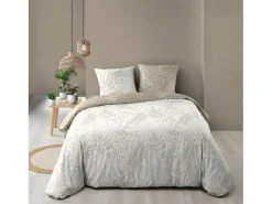 Juego de cama reversible Cassia 240x220 cm en algodón 100% Oeko-Tex con motivo floral beige con 2 fundas de almohada 63x63 cm