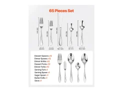 Juego de Cubiertos SucceBuy Juego de Cubiertos de Acero Inoxidable de 65 Piezas, para 12 Personas, para Cocina.