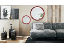 Juego de espejos Globo 50 y 80 cm, 2 espejos de pared redondos decorativos para pasillo y salón con marco de MDF en burdeos de alto brillo